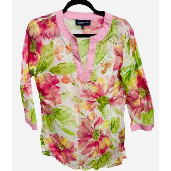 JONES NEW YORK Womens Cotton Blouse 3/4 Sleeve Floral Pastel Multicolor Size M - Picture 1 of 5